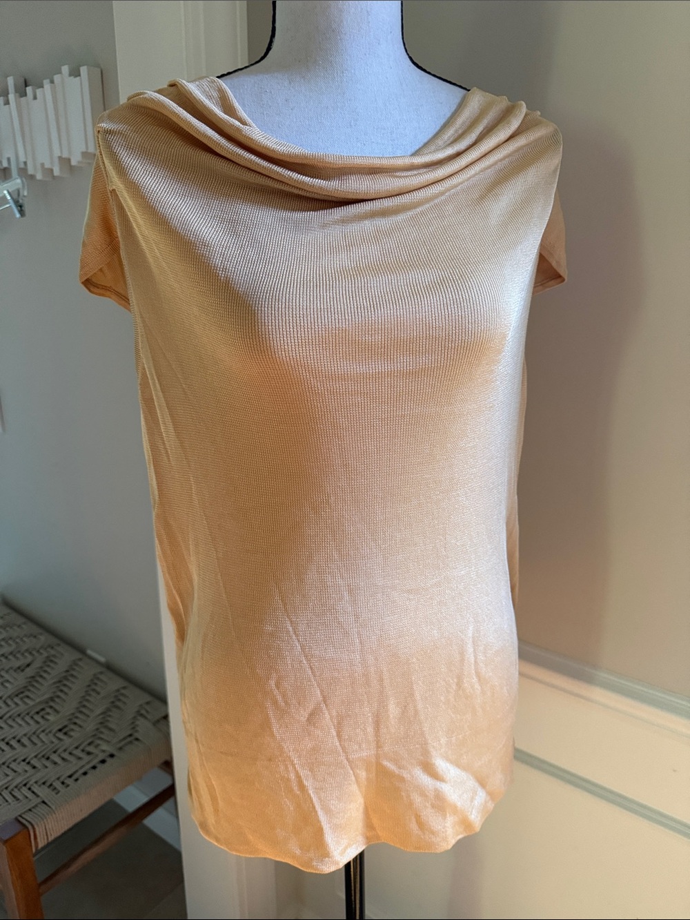 Chico's Cowl Neck Cap Sleeve Silky Knit Sweater Top NWT Size 2 Large Golden Tan